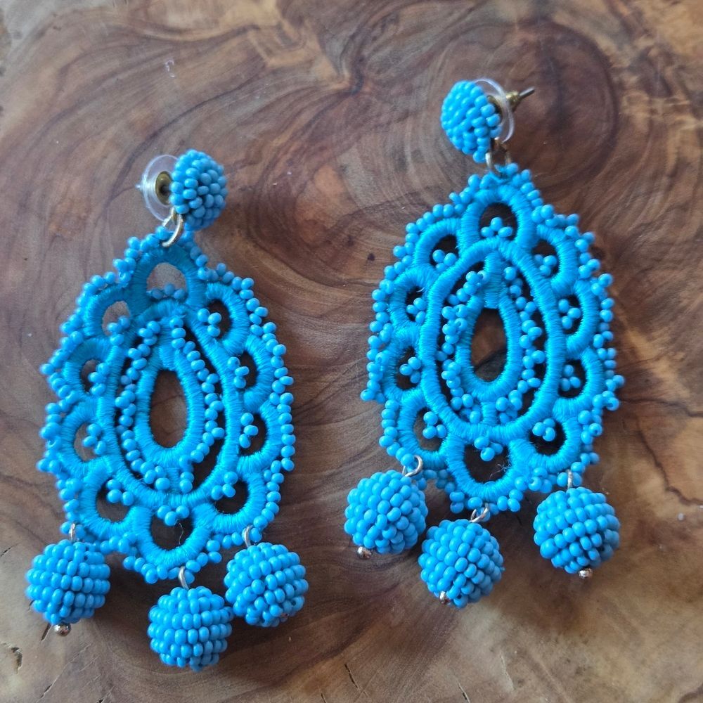 J. Crew Beaded Ball Embroidered Fabric Dangle Large Pierced Earrings Blue Large